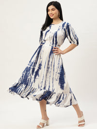 Thumbnail for Women White & Blue Tie and Dye A-Line Midi Dress