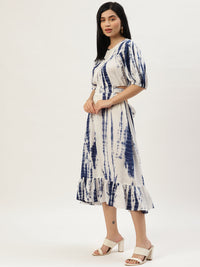 Thumbnail for Women White & Blue Tie and Dye A-Line Midi Dress