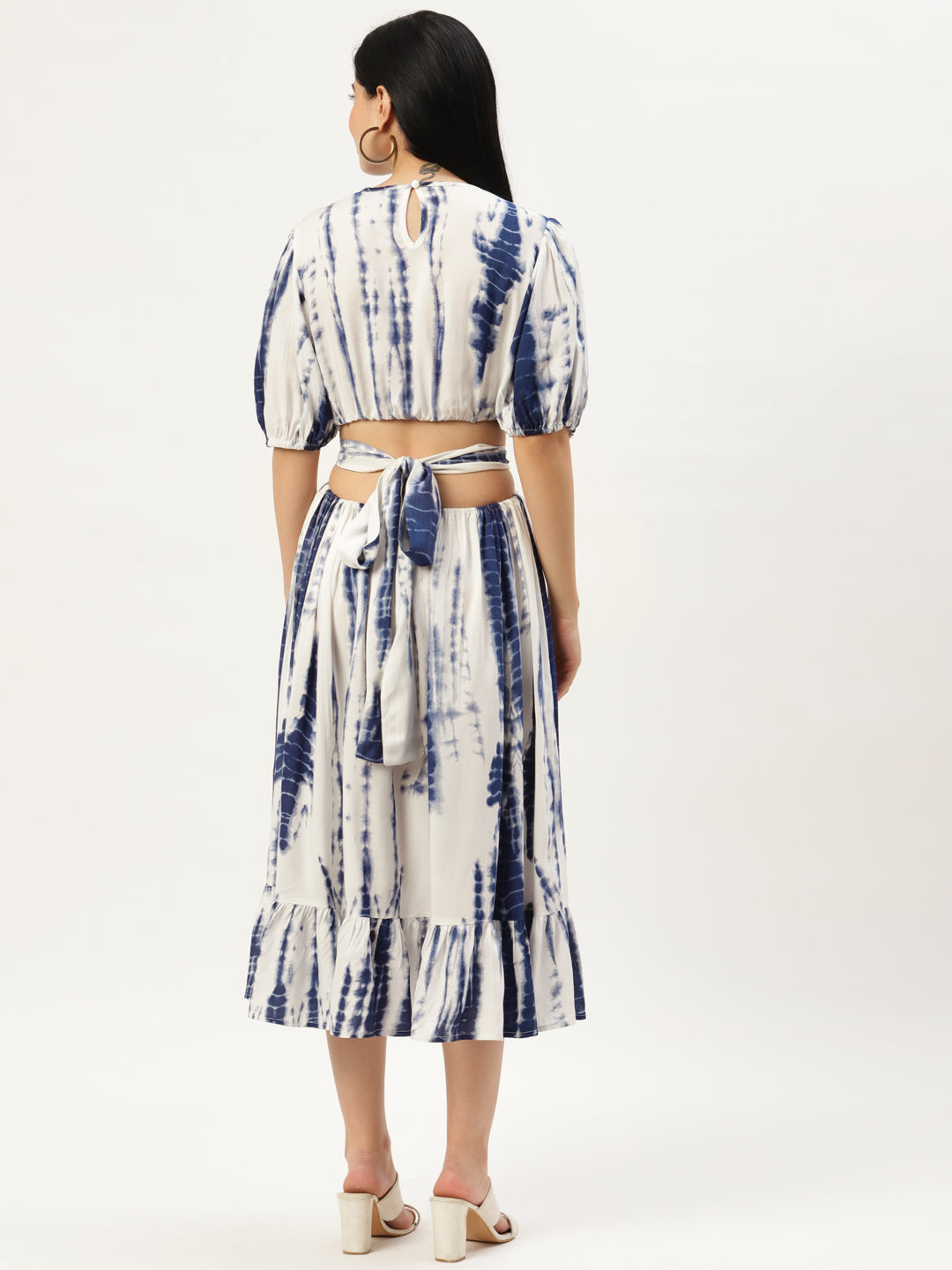 Women White & Blue Tie and Dye A-Line Midi Dress