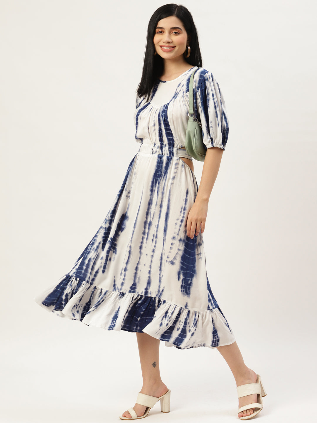 Women White & Blue Tie and Dye A-Line Midi Dress