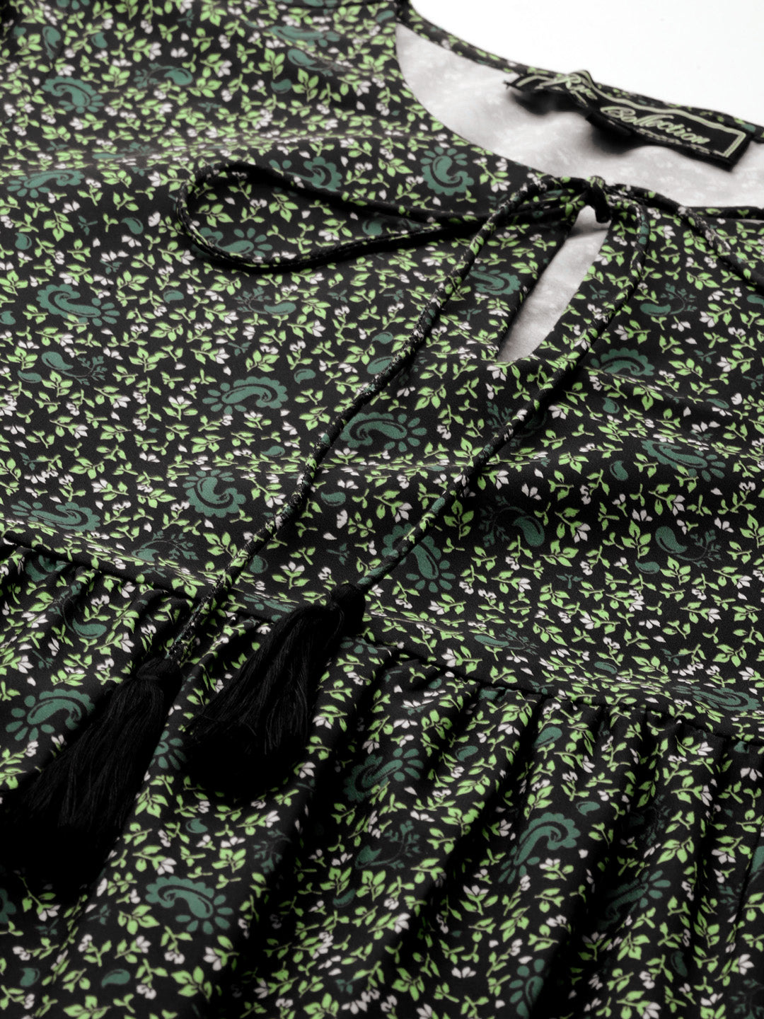 Ditsy Floral Printed Tie-Up Neck Gathered Mini Dress