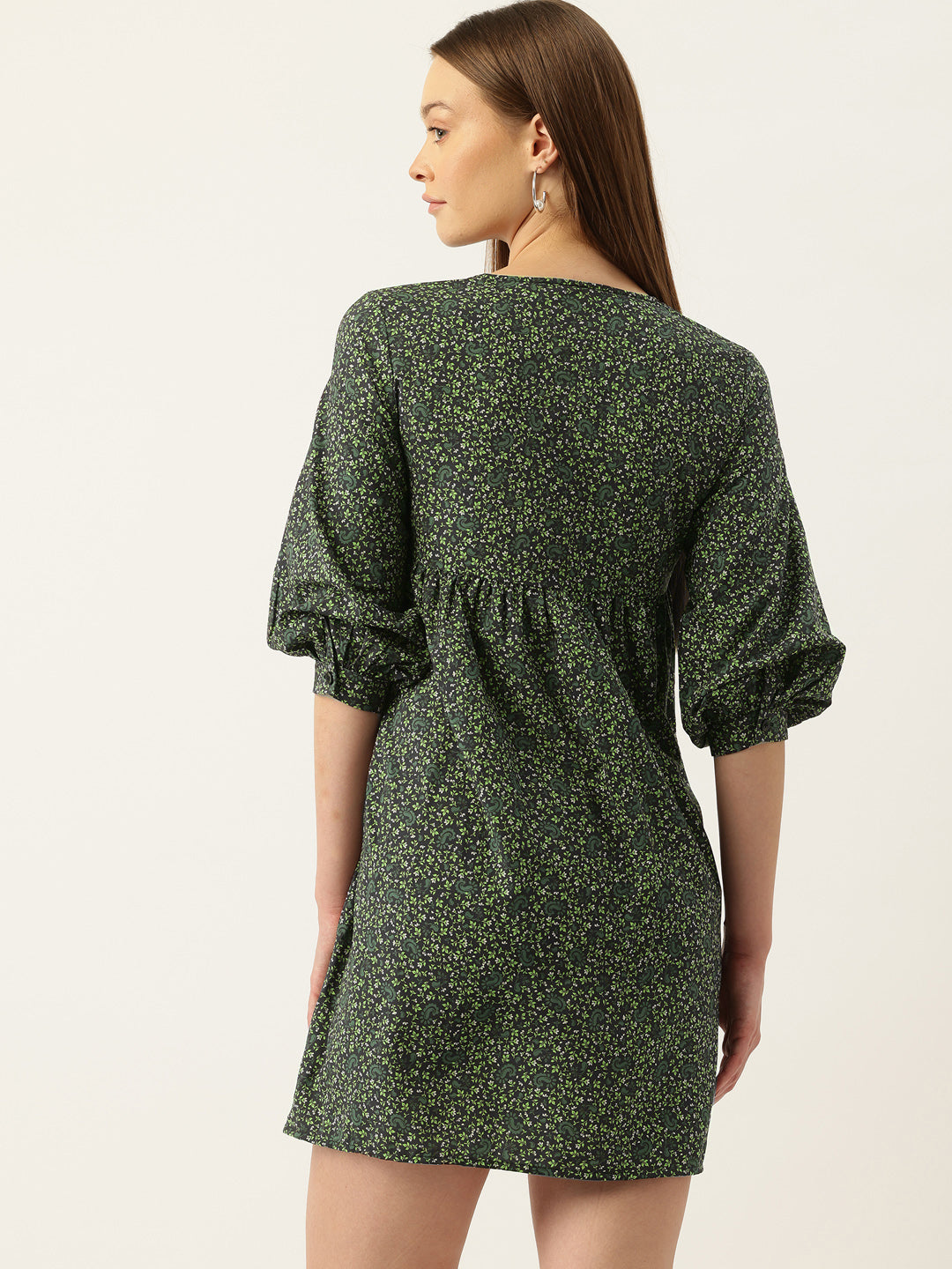 Ditsy Floral Printed Tie-Up Neck Gathered Mini Dress