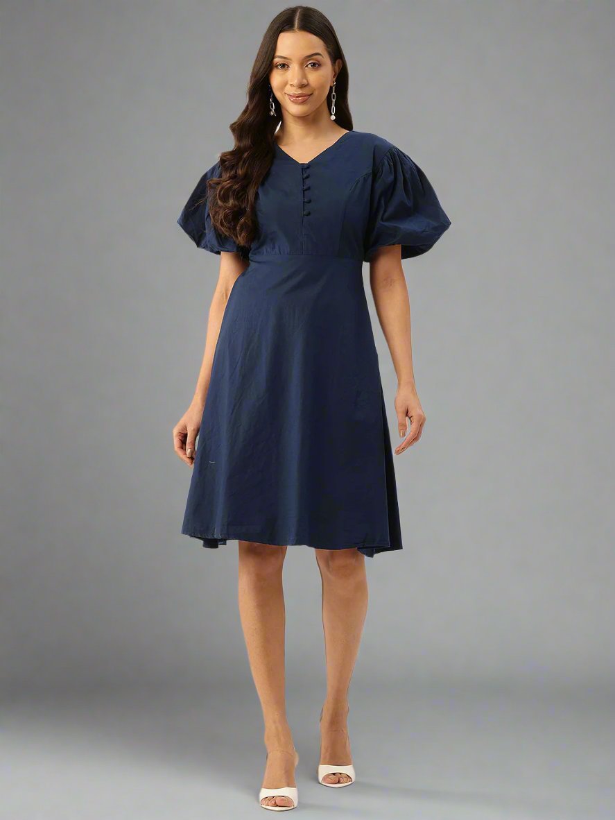 Puff Sleeve Fit & Flare Midi Dress