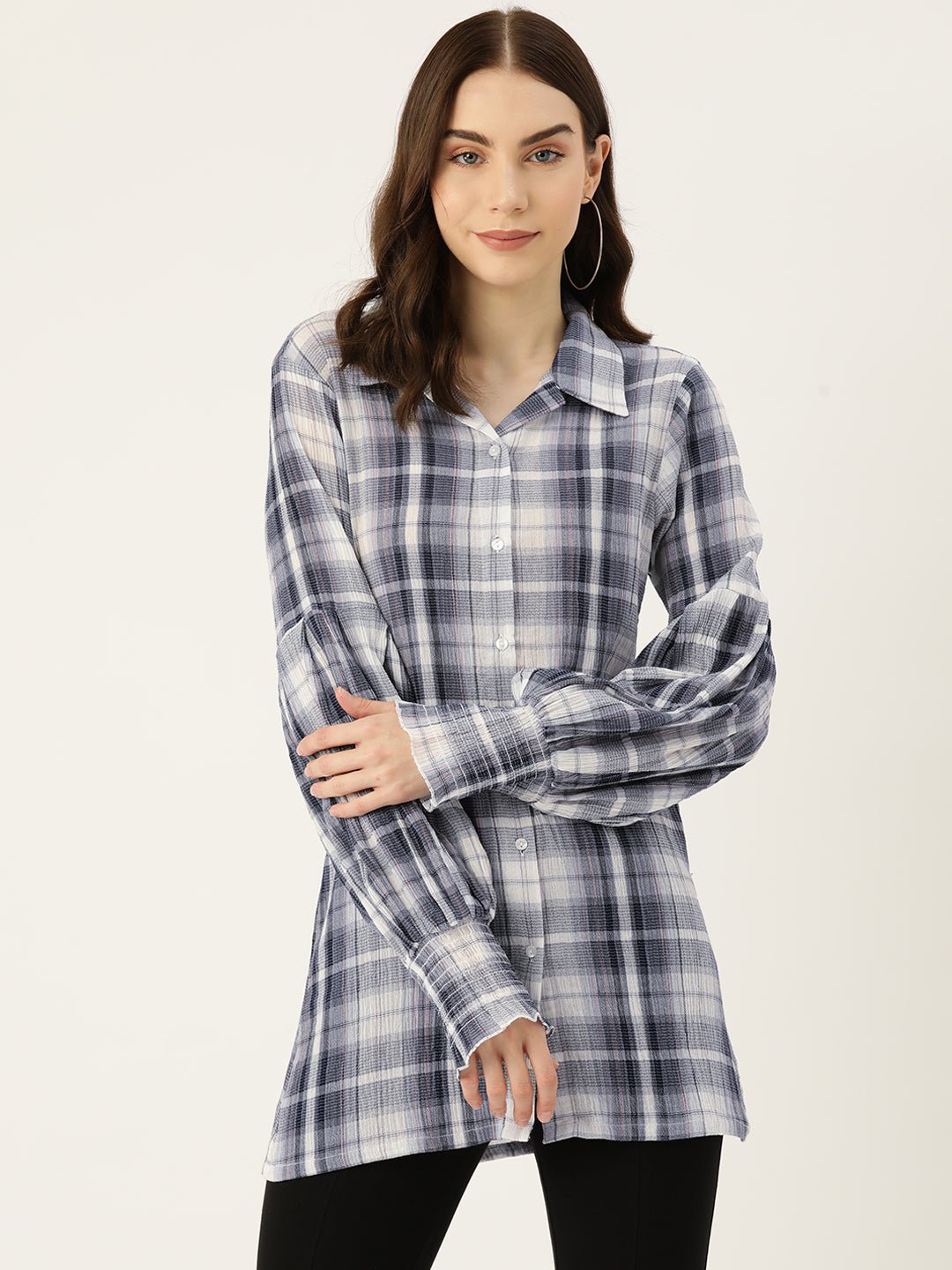 Checked Puff Sleeve Cotton Shirt Style Longline Top - RueCollections