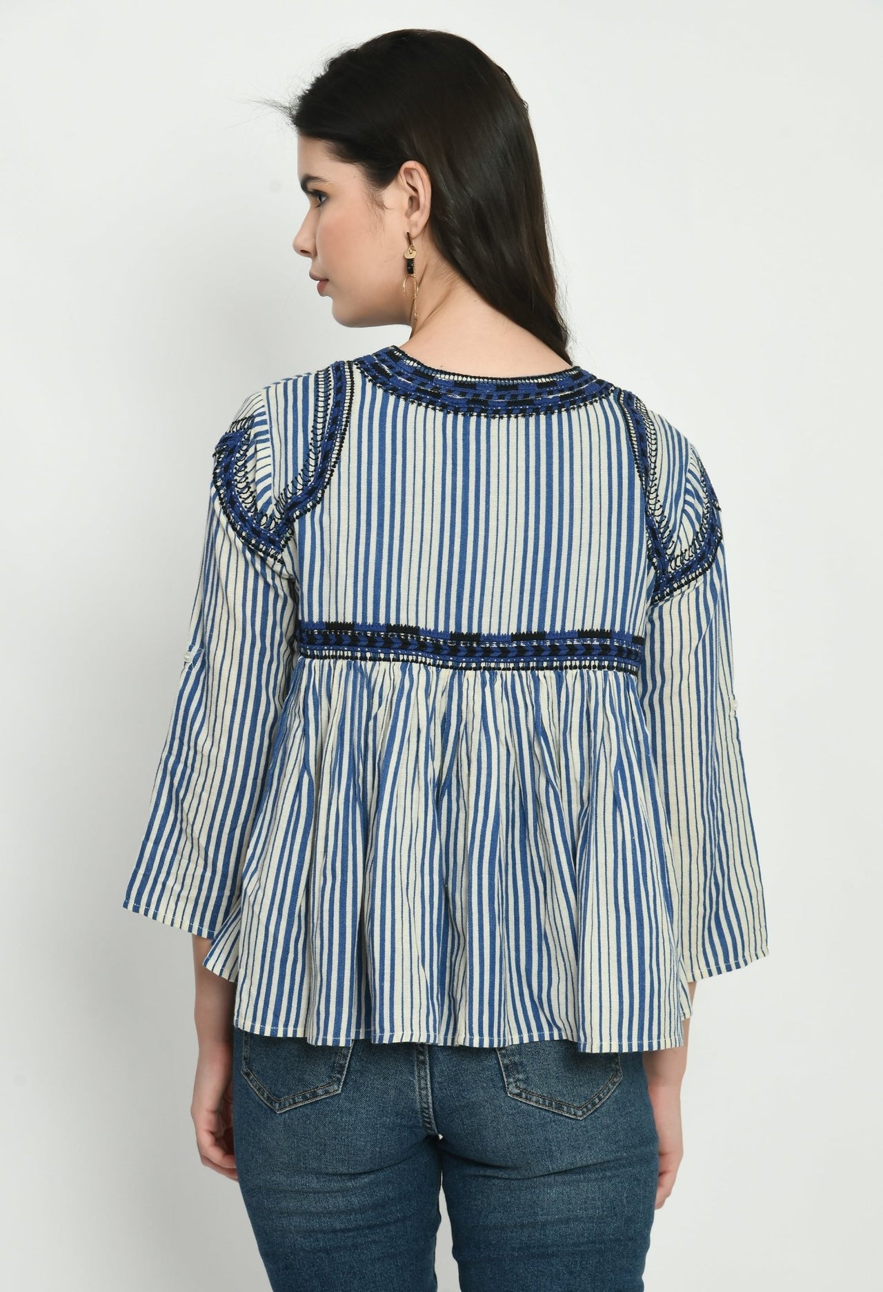 Embroidered Top With Tassel Neck Tie - RueCollections