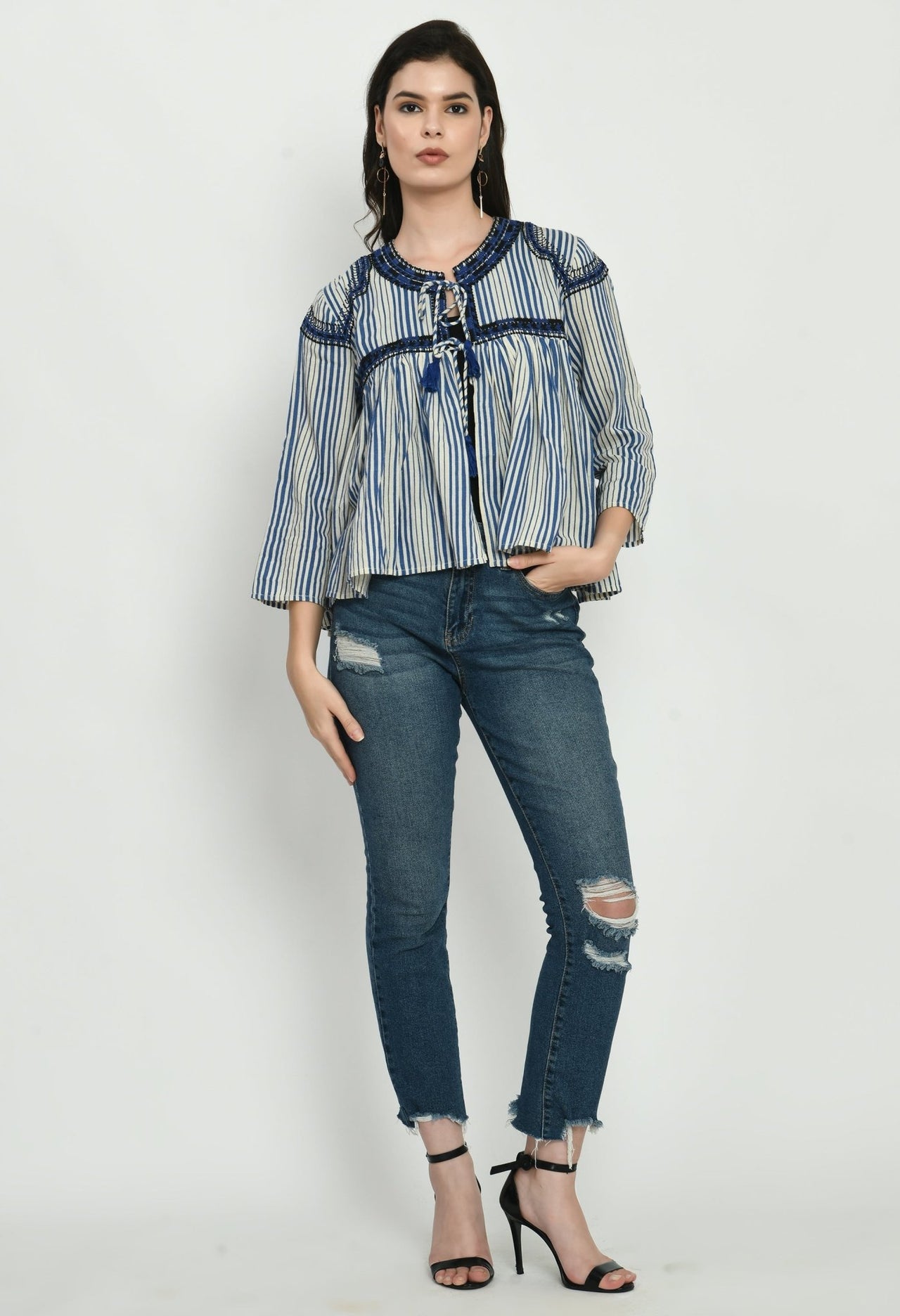 Embroidered Top With Tassel Neck Tie - RueCollections