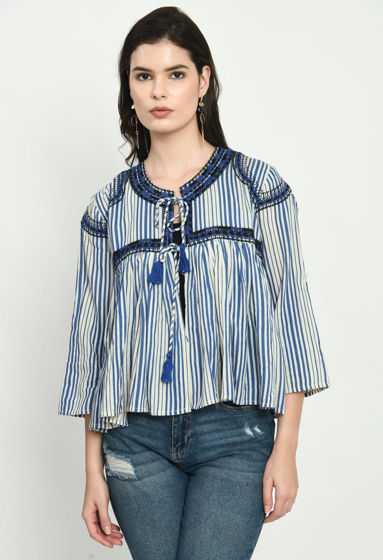 Embroidered Top With Tassel Neck Tie - RueCollections