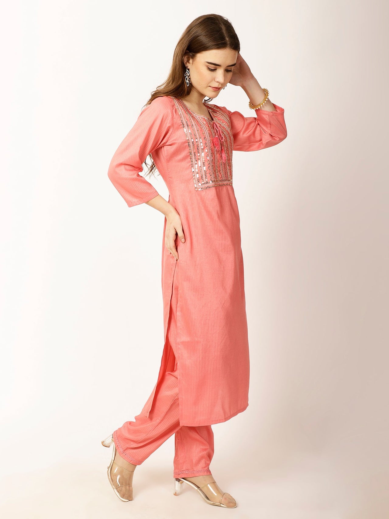 Ethnic Motifs Yoke Design Regular Sequinned Kurta with Trousers - RueCollections