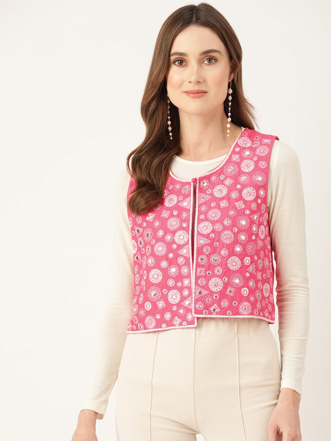 Geometric Pure Cotton Crop Tailored Jacket with Embroidered Detail - RueCollections