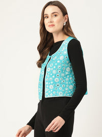 Thumbnail for Geometric Pure Cotton Crop Tailored Jacket with Embroidered Detail - RueCollections