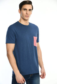 Thumbnail for Navy Blue Cotton T-shirt with Contrast Pocket - RueCollections