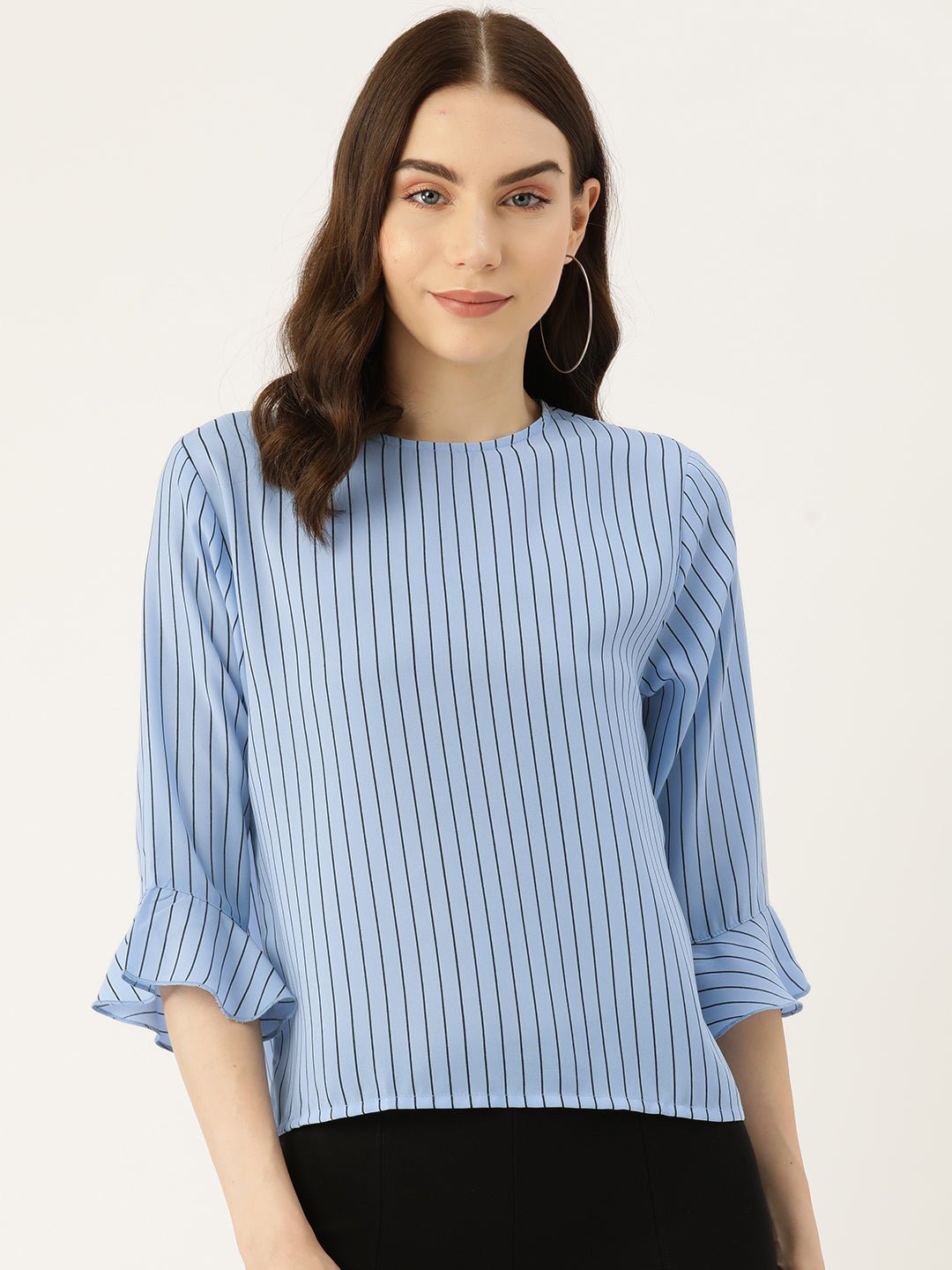 Striped Flared Sleeve Crepe Top - RueCollections