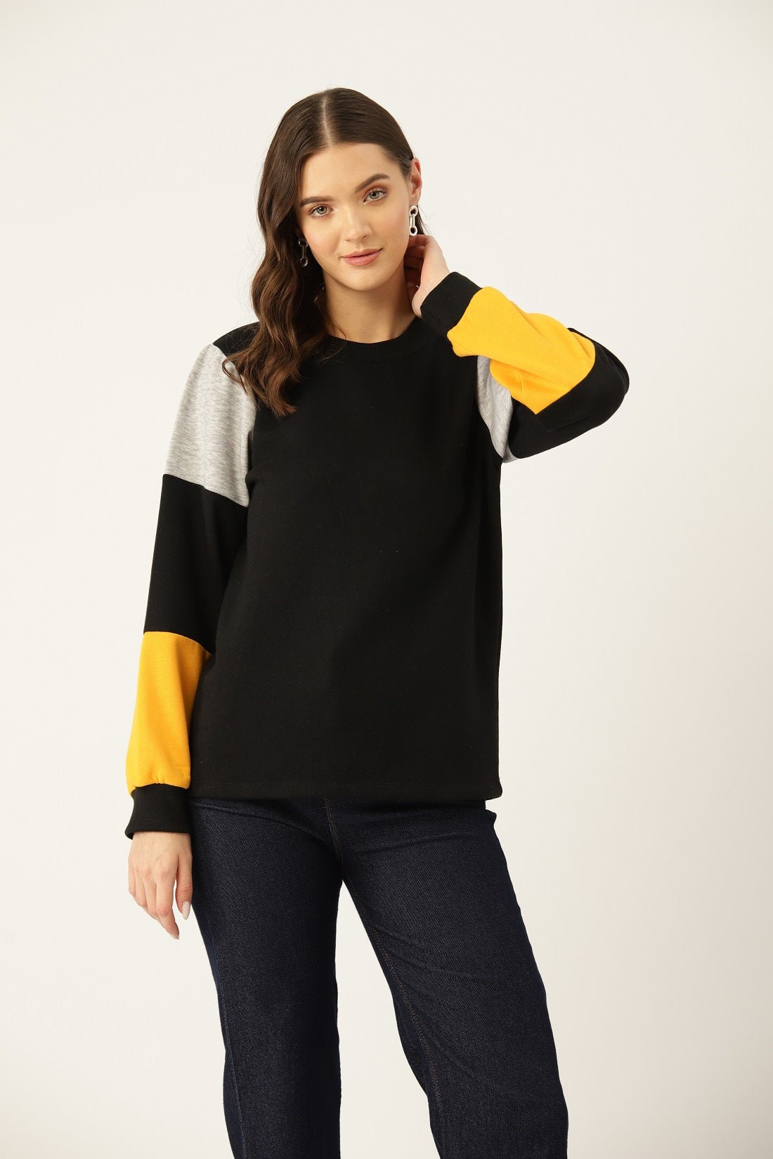 Women Black Colourblocked Pullover Sweatshirt - RueCollections