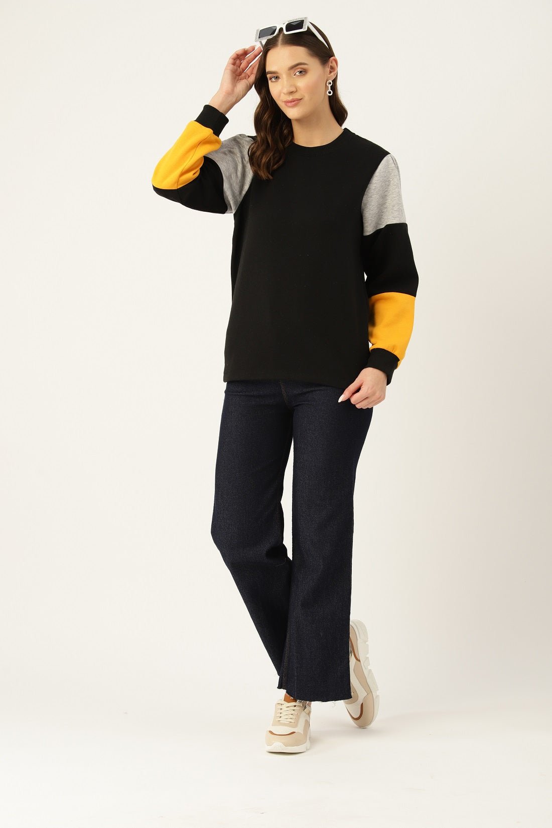 Women Black Colourblocked Pullover Sweatshirt - RueCollections