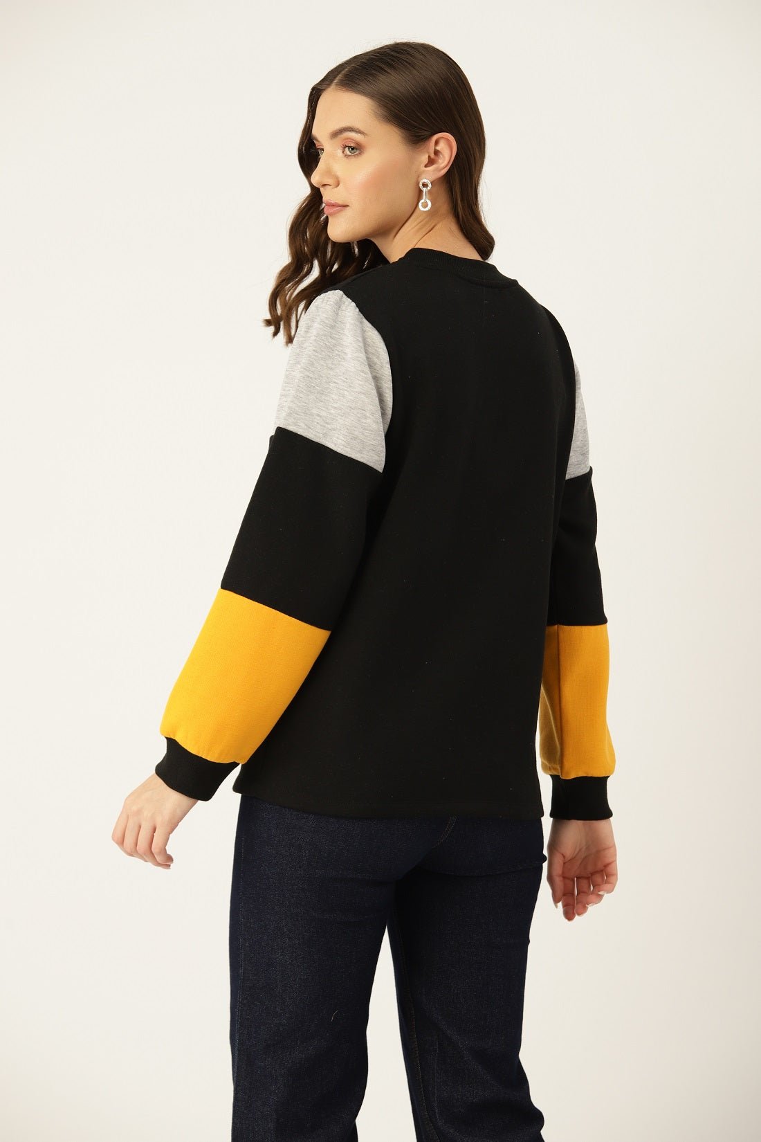Women Black Colourblocked Pullover Sweatshirt - RueCollections