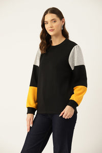 Thumbnail for Women Black Colourblocked Pullover Sweatshirt - RueCollections