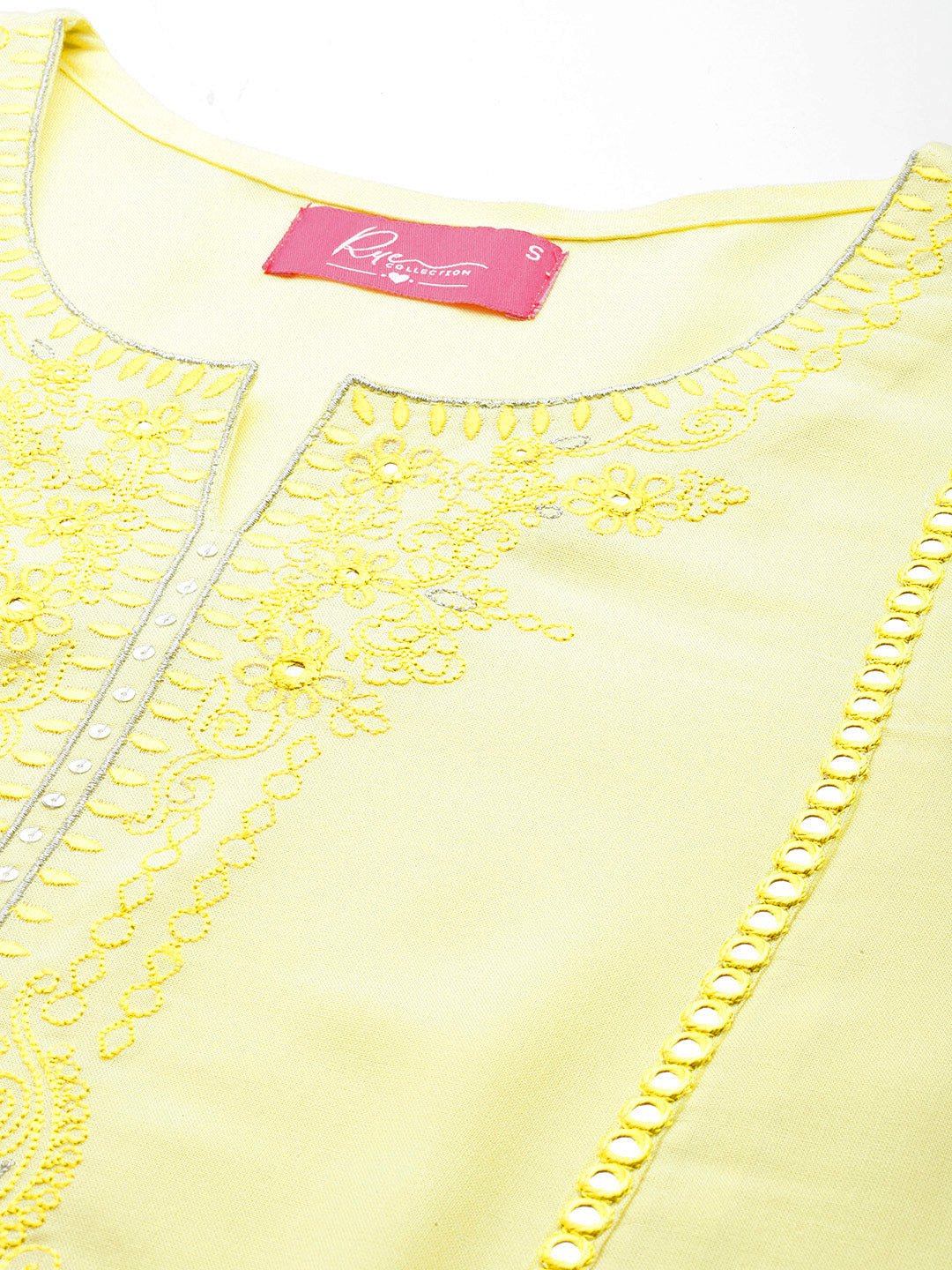 Women Floral Yoke Design Mirror Work Kurta - RueCollections