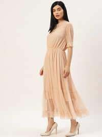 Thumbnail for Women Peach - Coloured Dobby Weave Net Midi Dress - RueCollections
