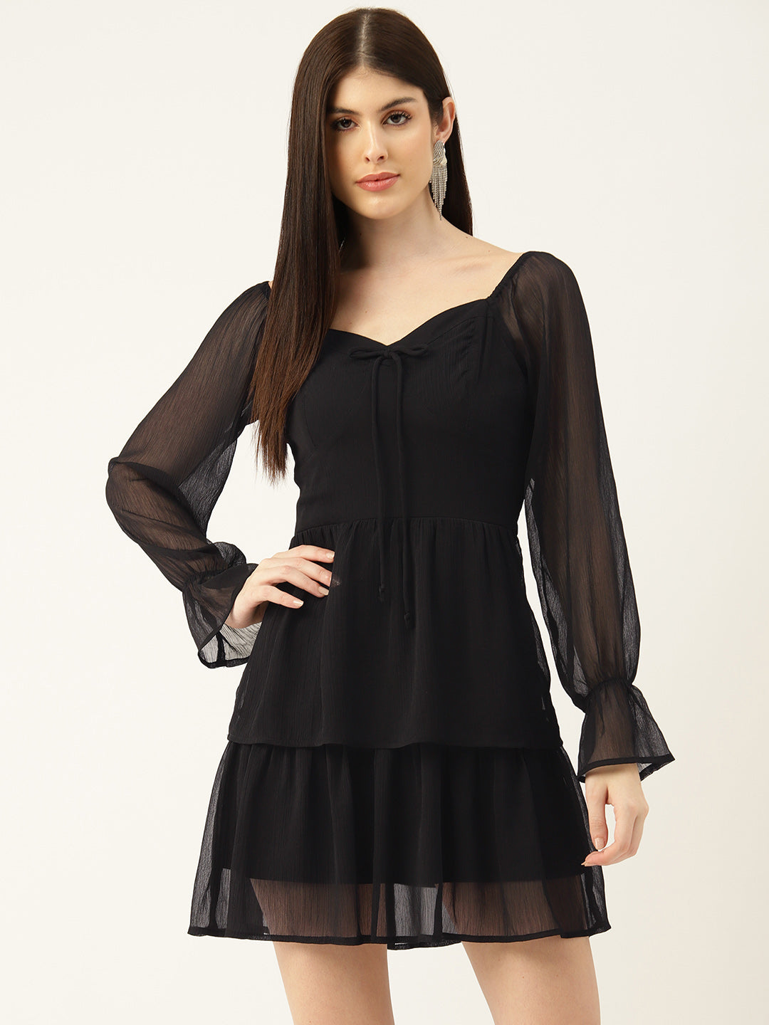 Rue Collection Black Puff Sleeves Sweetheart Neck Tiered Chiffon A-Line Mini Dress
