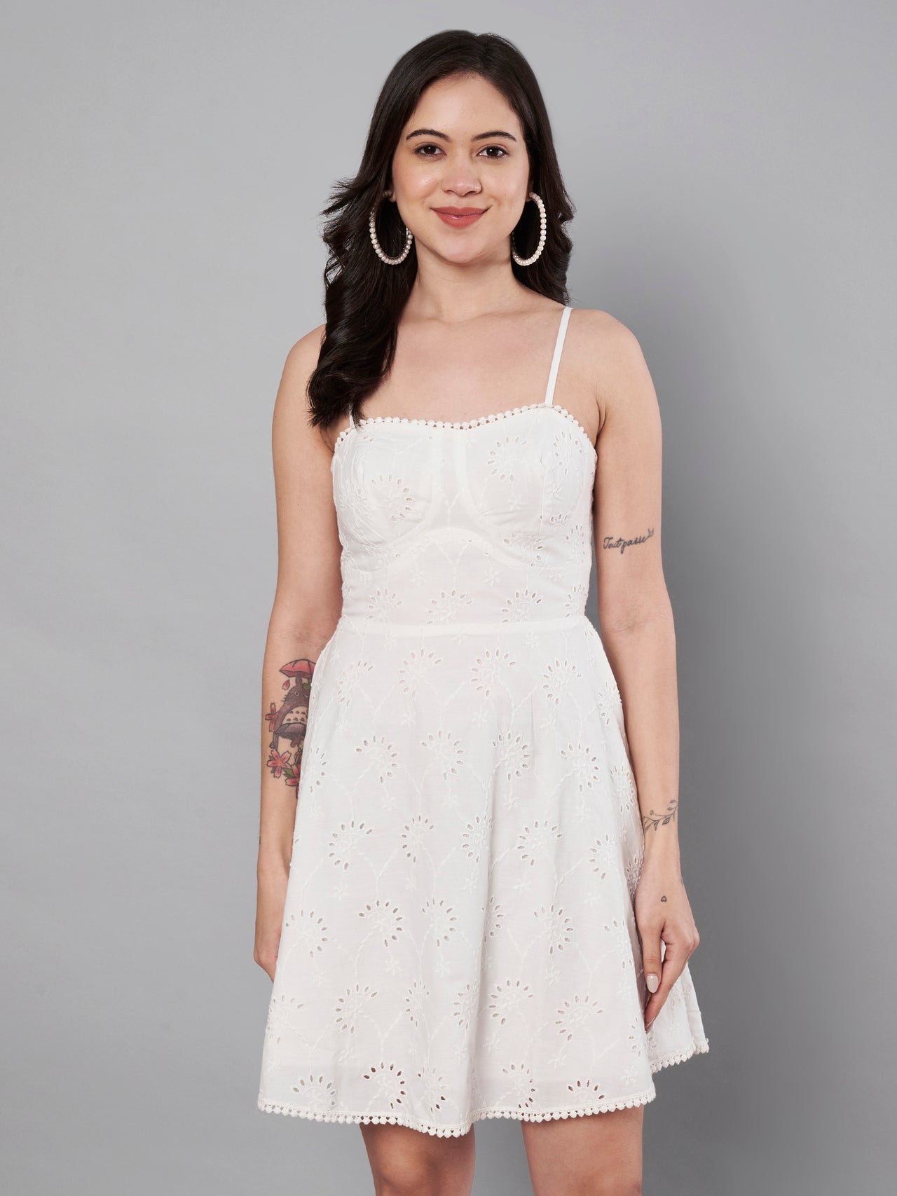 White color schiffli embroidery dress for women