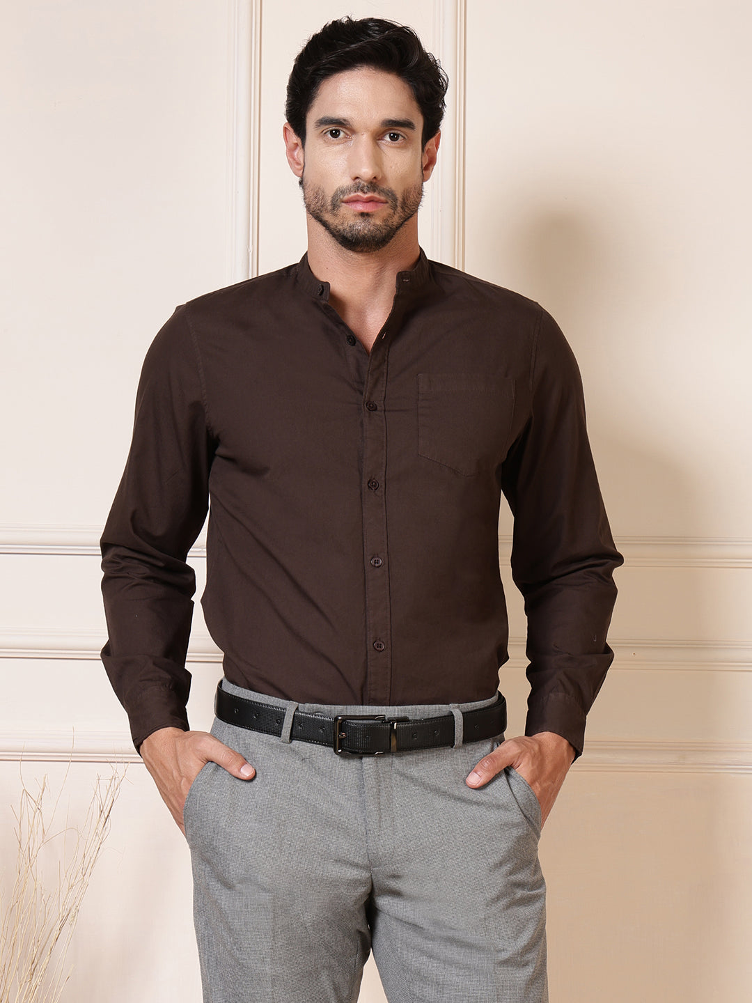 Men Brown Solid Cotton Casual Shirt Full Sleeve Regular Fit Everyday Wear