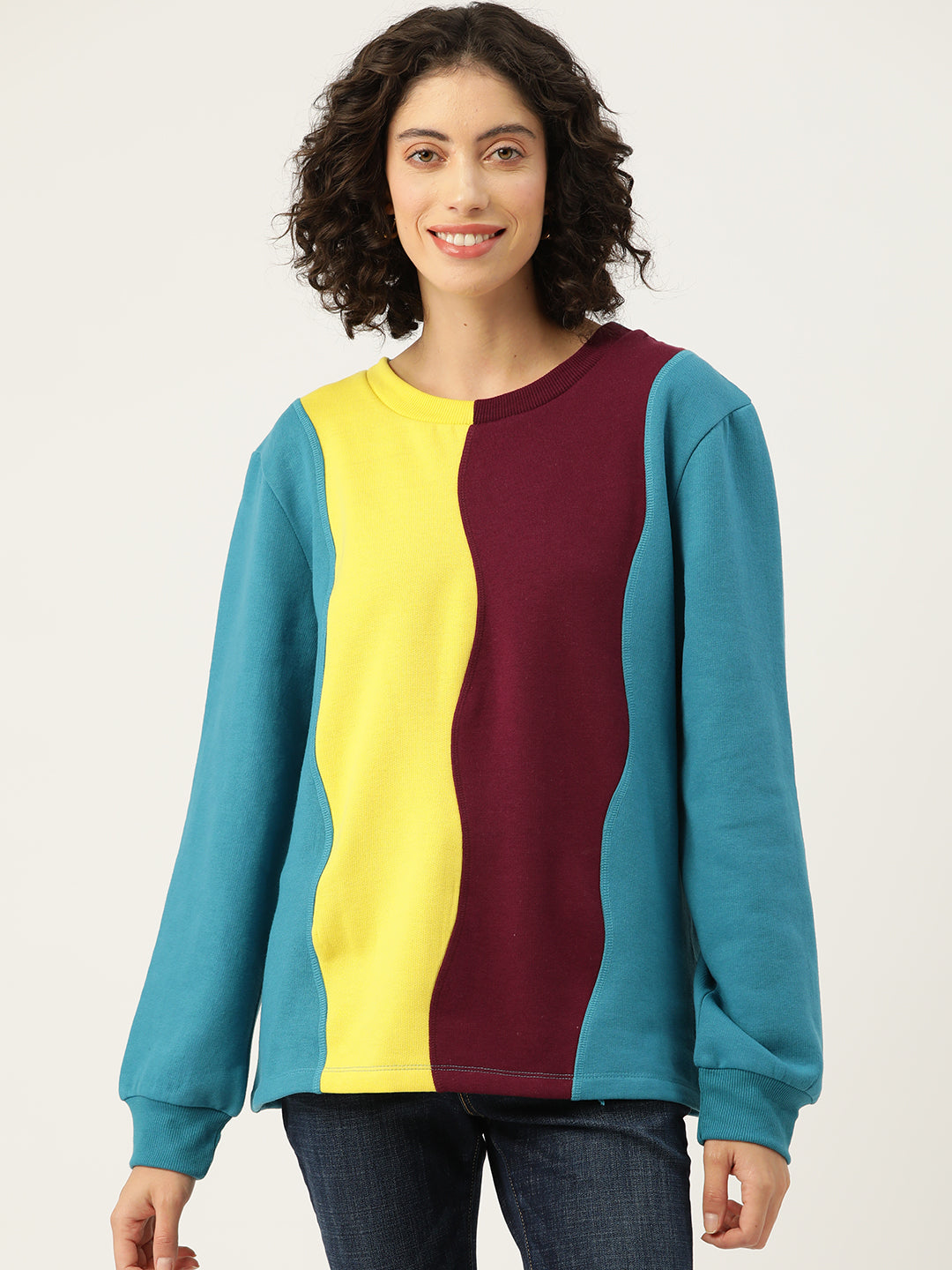 Blue Striped Colourblocked Longline Fleece Sweatshirt