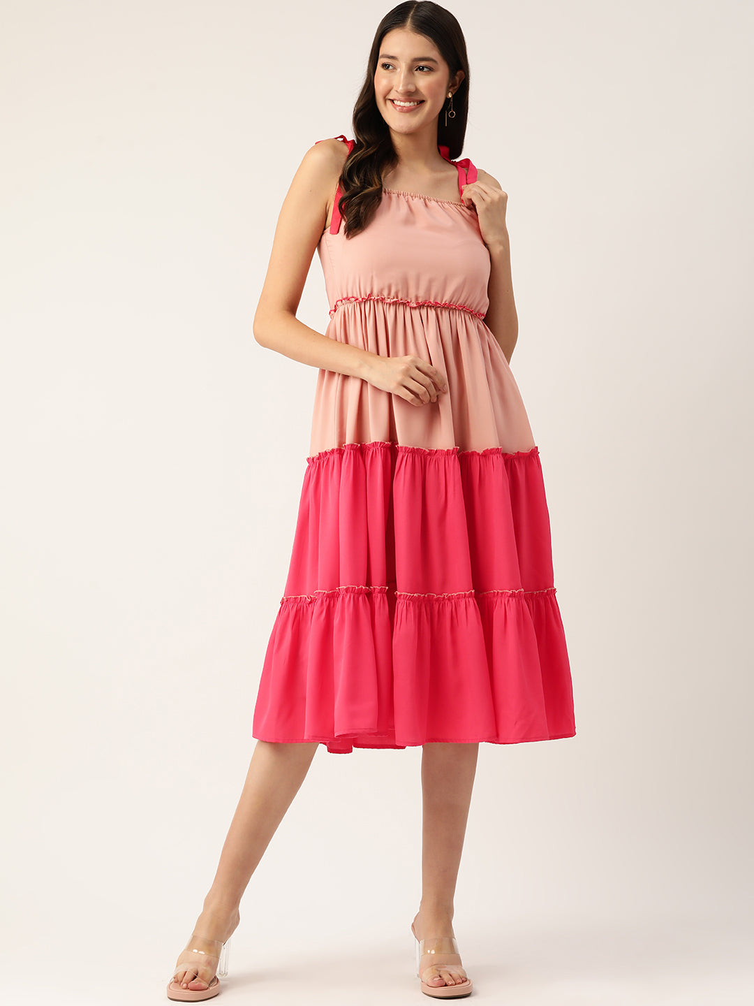 Colourblocked Tiered Crepe A-Line Dress