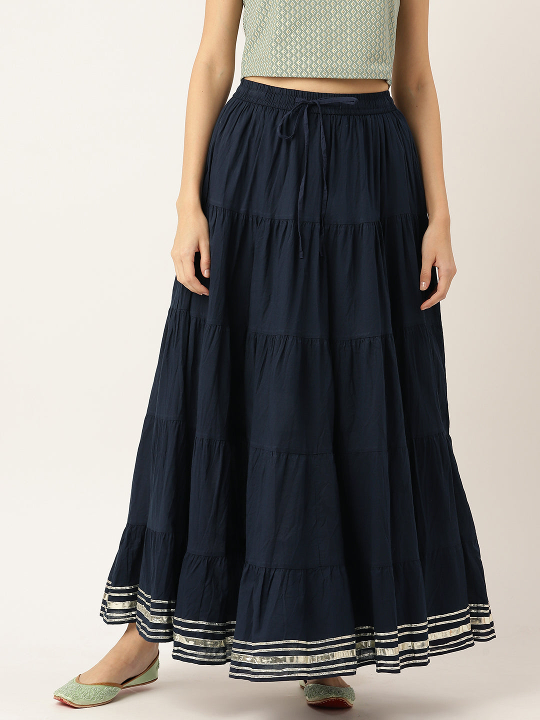 Women Navy Blue Solid Tiered Cotton Gotta Patti Maxi Skirt
