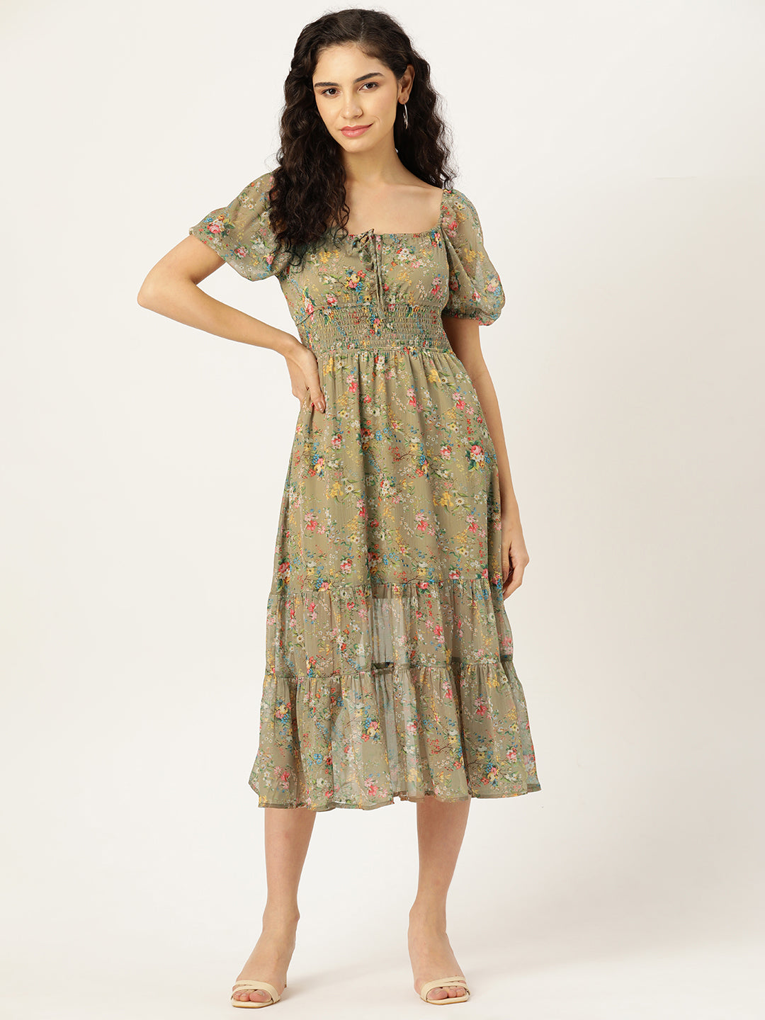 Rue Collection Floral Print Puff Sleeves Tiered Chiffon Fit & Flare Midi Dress