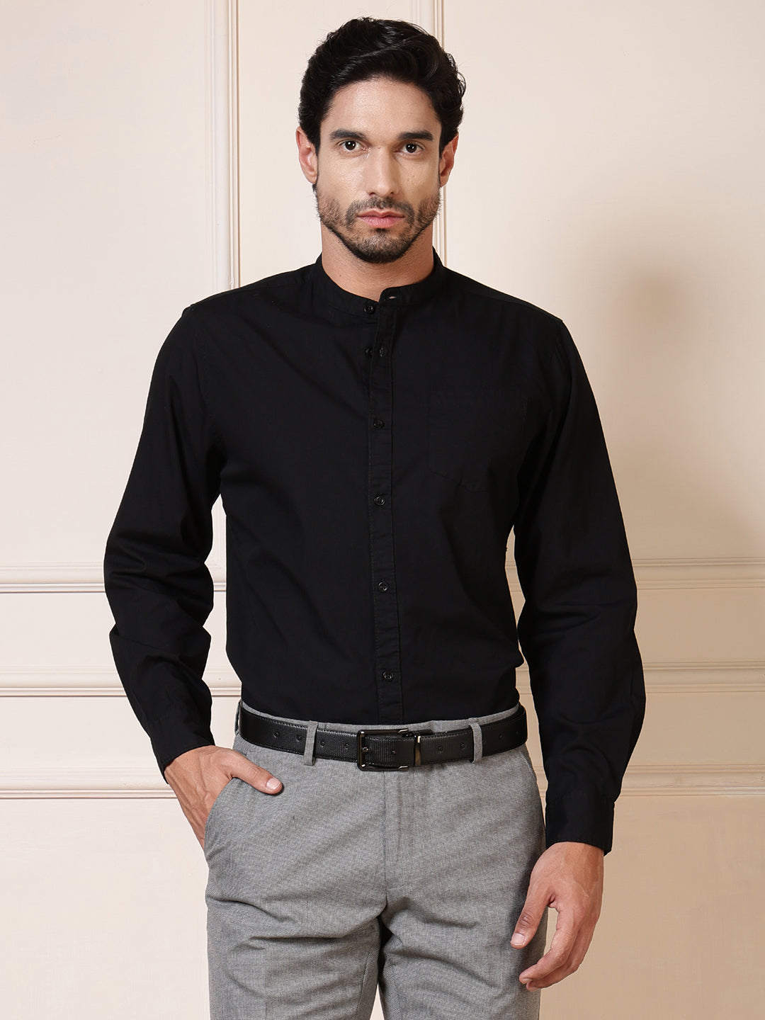 Men Black Solid Cotton Casual Shirt Full Sleeve Regular Fit Everyday Wear