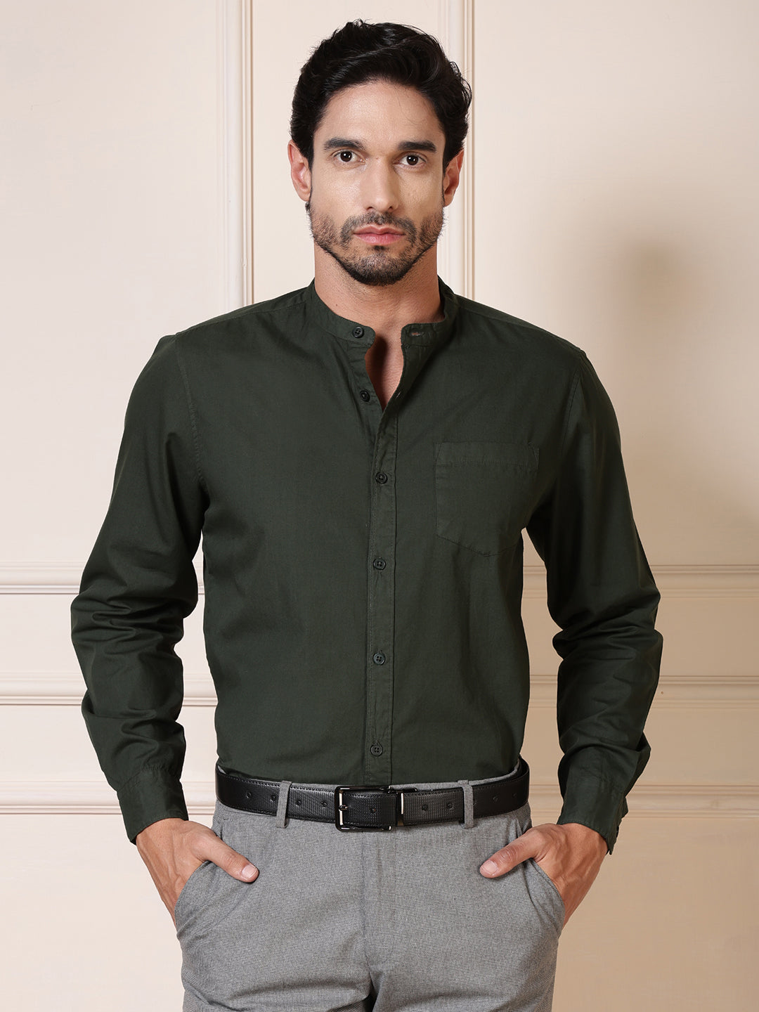 Men Green Cotton Casual Shirt Full Sleeve Regular Fit Everyday Wear