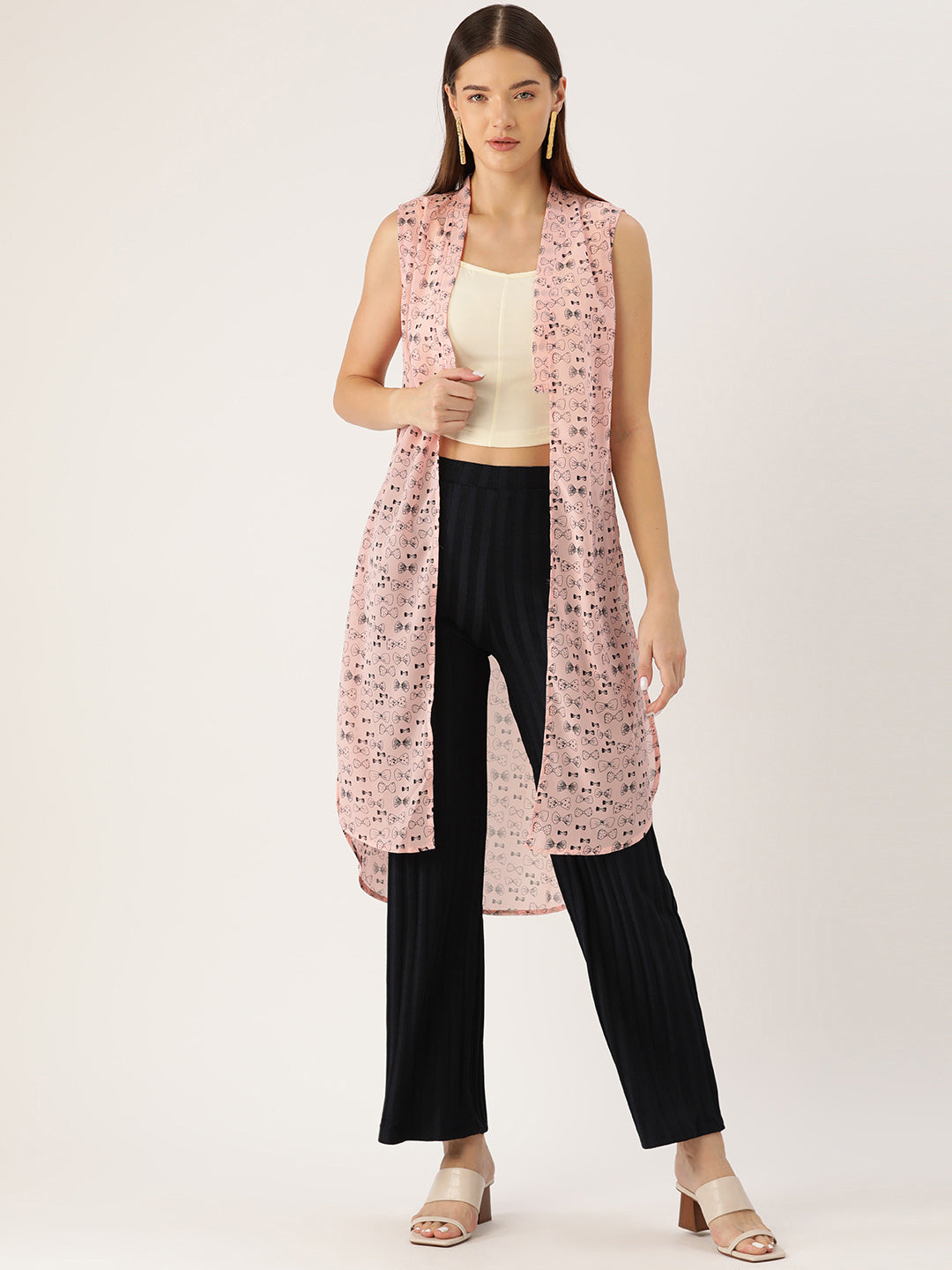 Women Pink & Black Printed Open Front Longline Shrug