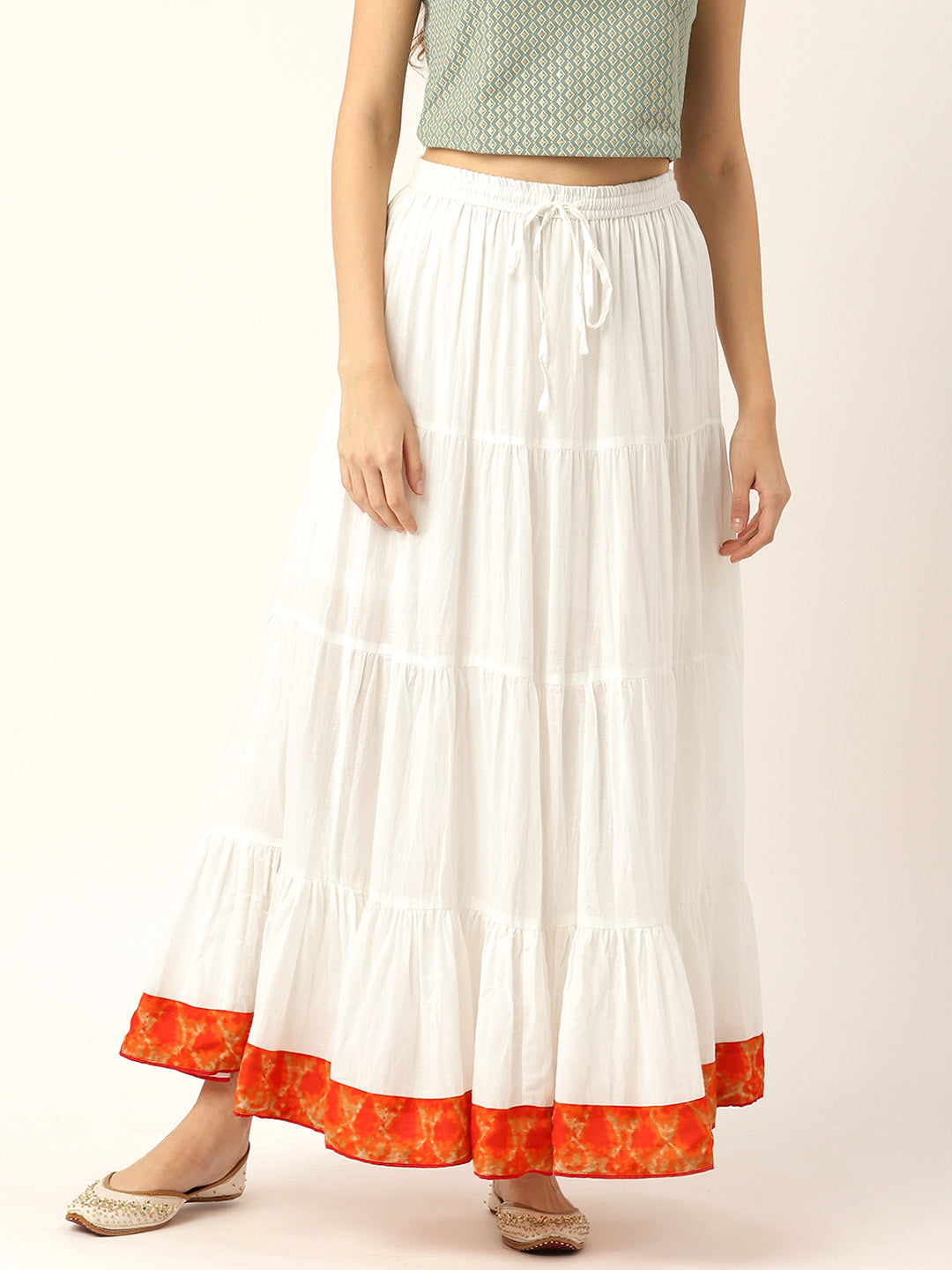 Women White Solid Tiered Cotton Maxi Skirt