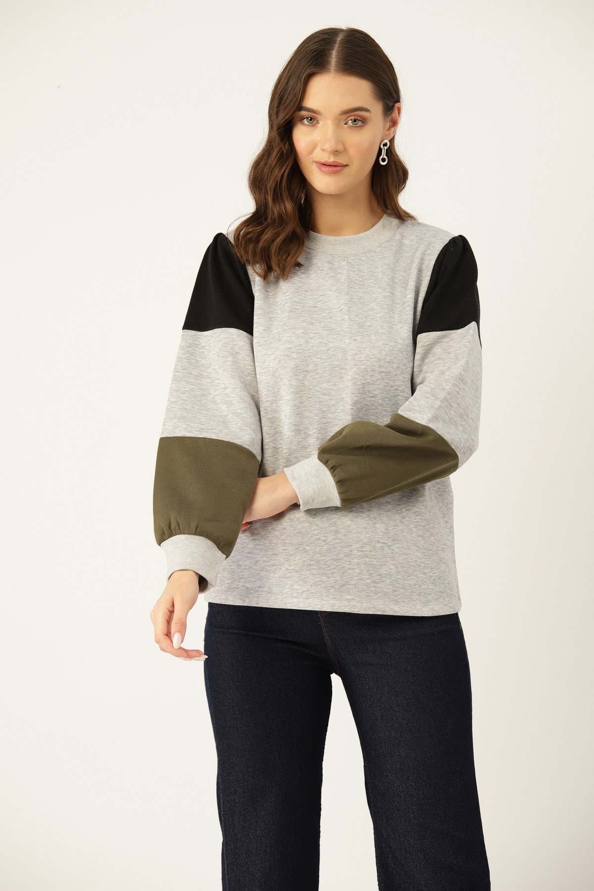 Women Grey Colourblocked Pullover Sweatshirt