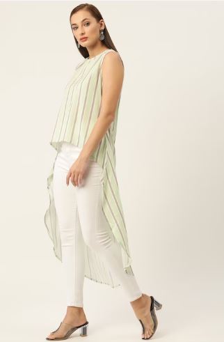 Green & Taupe Striped Crepe High-Low Longline Top