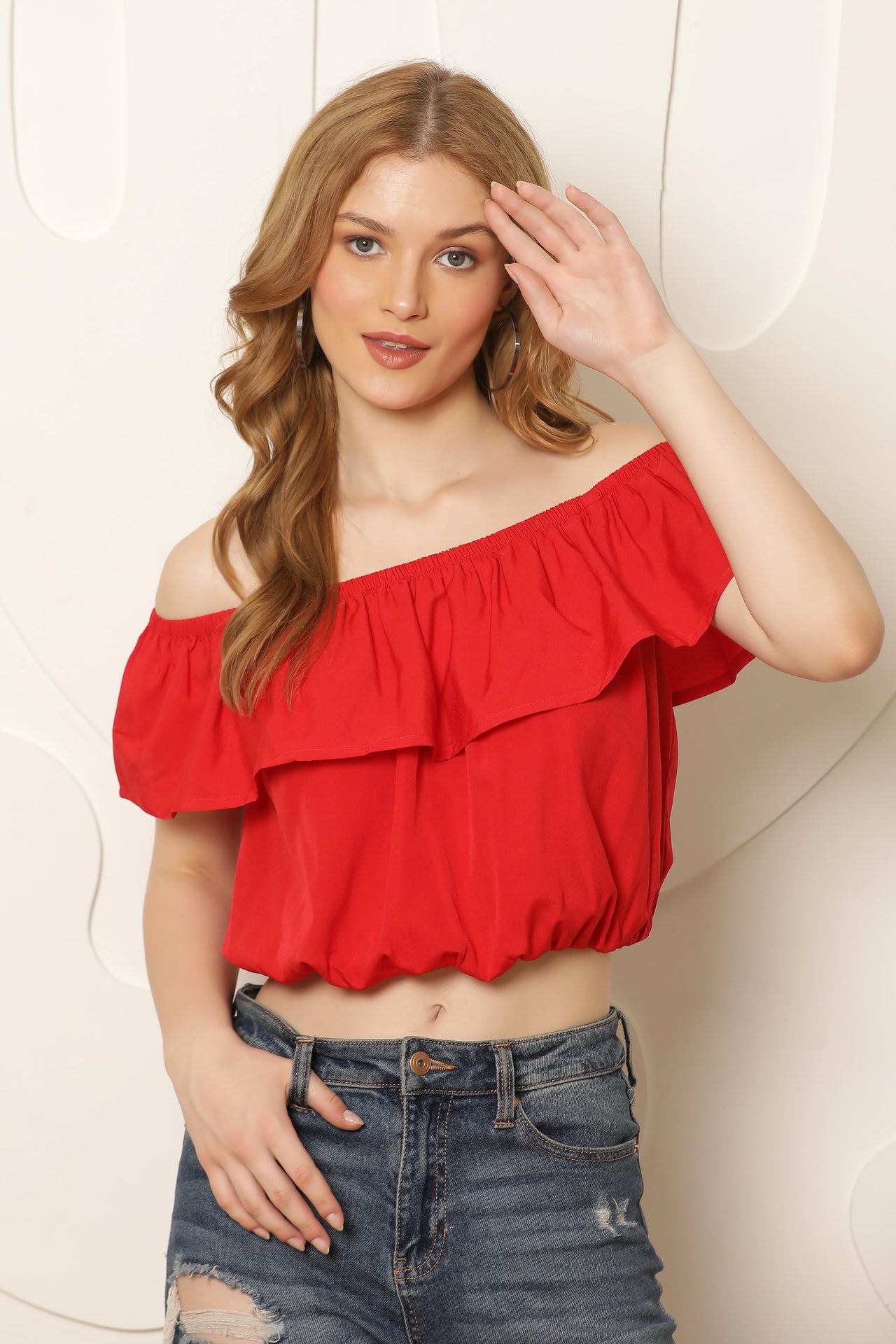 Women Red Off-Shoulder Bardot Crop Top