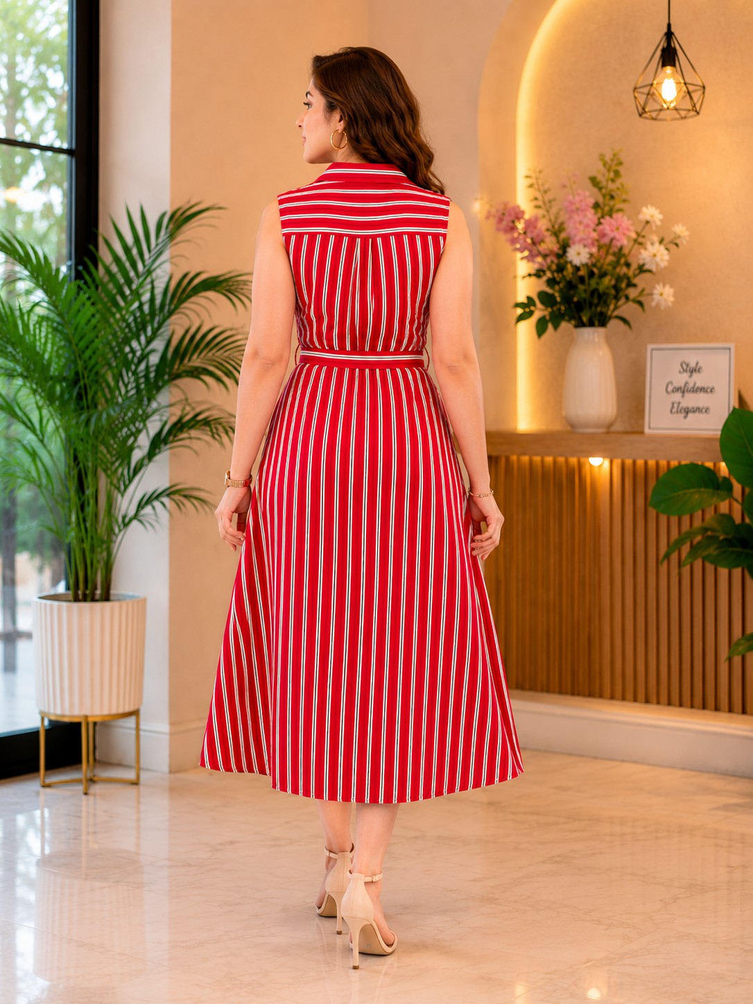 Women's Pastel Multi-Stripe Sleeveless Shirt Dress with Waist Tie Belt