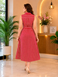 Thumbnail for Women's Pastel Multi-Stripe Sleeveless Shirt Dress with Waist Tie Belt