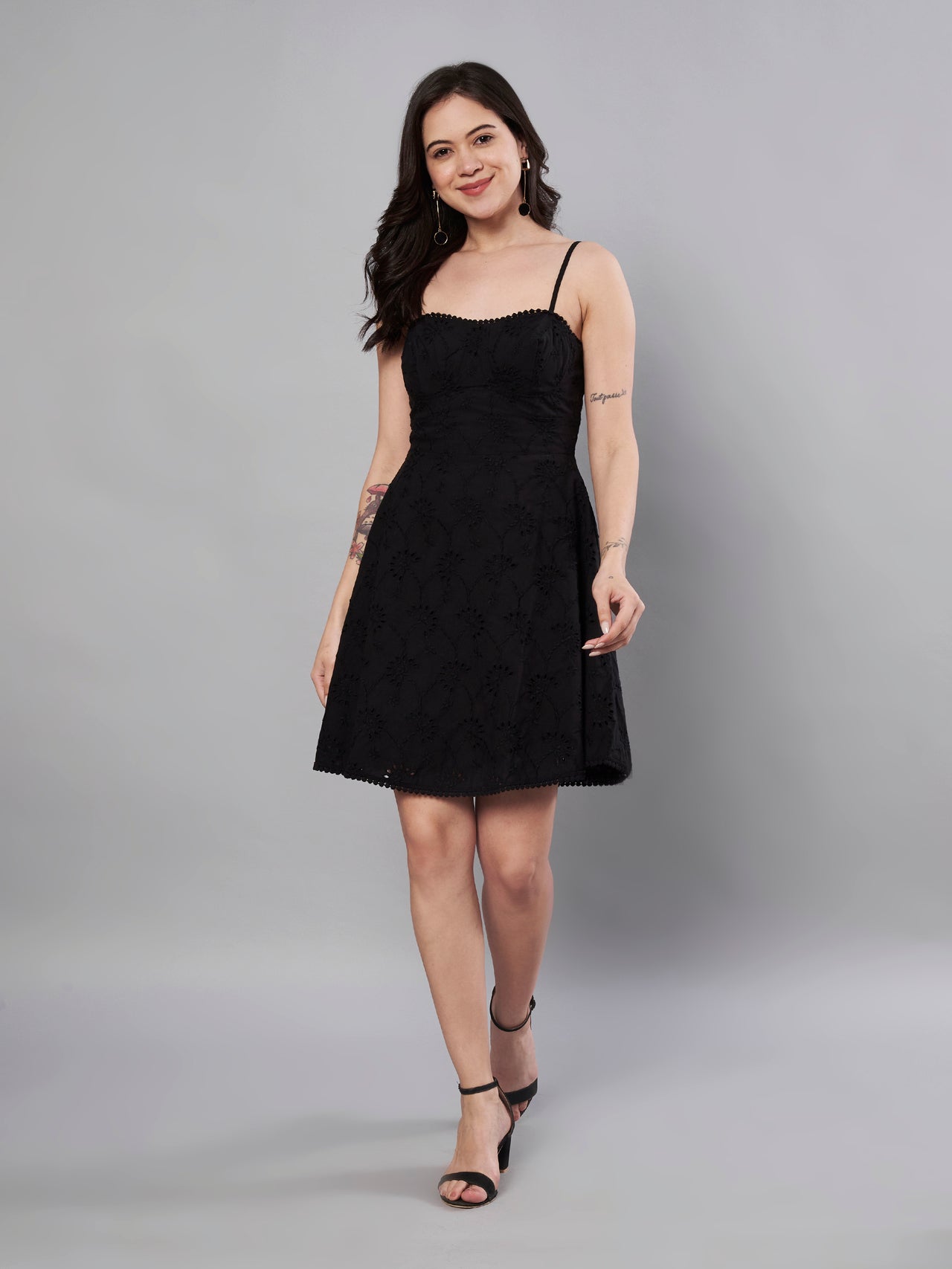 Black color schiffli embroidery dress for women