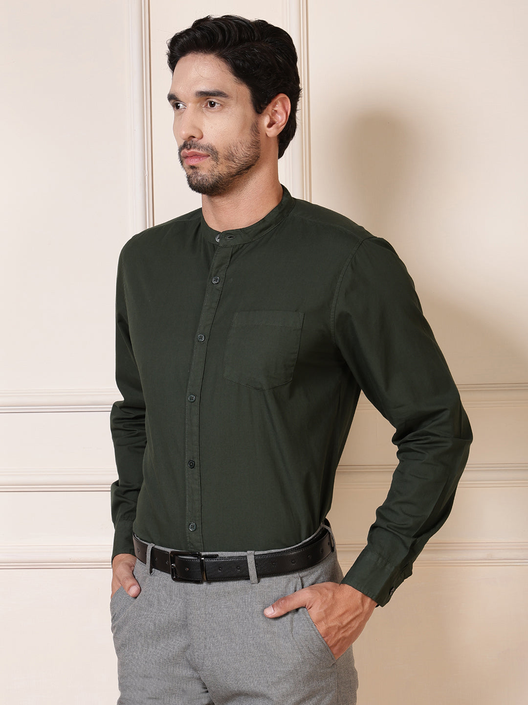 Men Green Cotton Casual Shirt Full Sleeve Regular Fit Everyday Wear