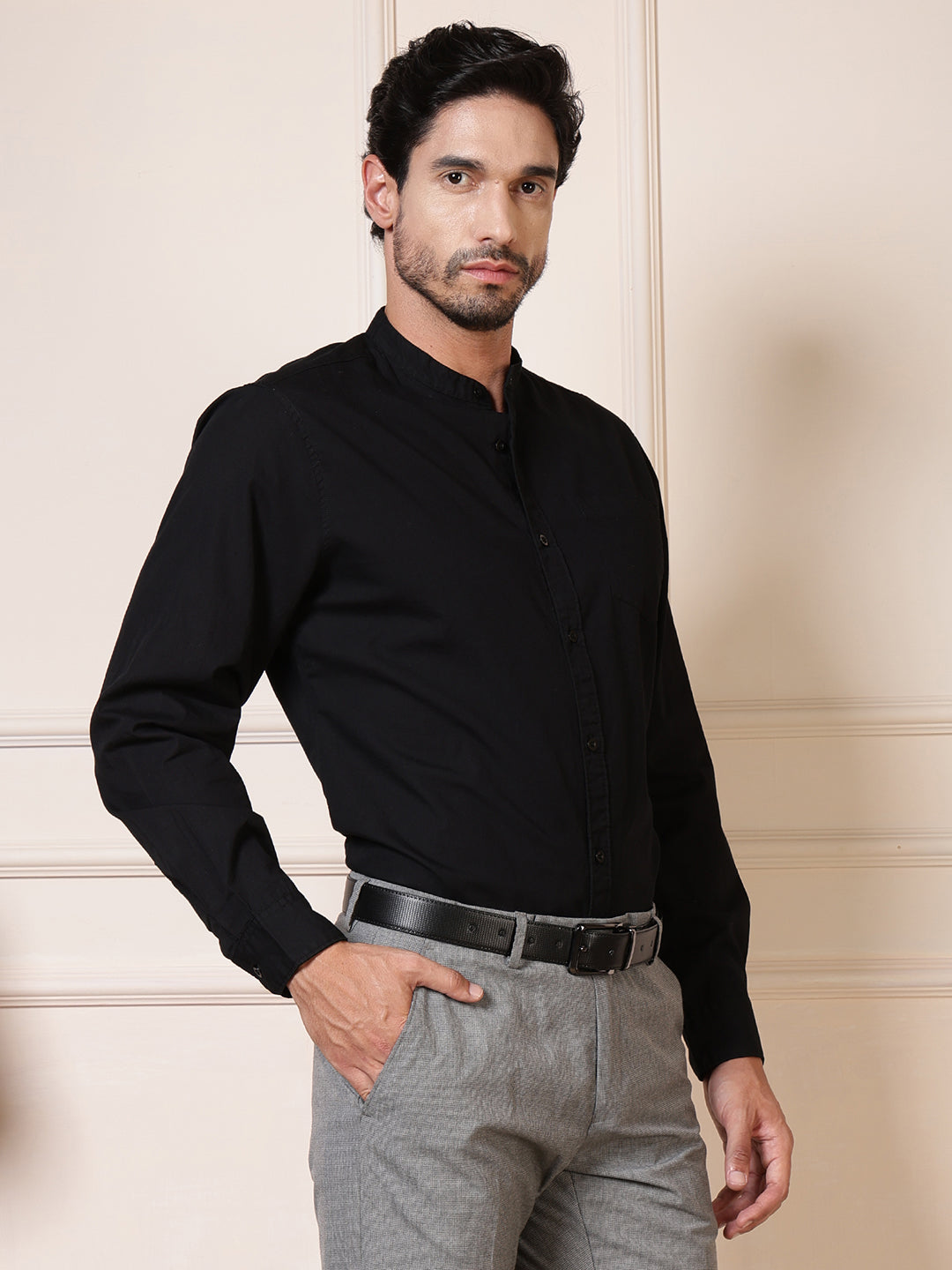 Men Black Solid Cotton Casual Shirt Full Sleeve Regular Fit Everyday Wear