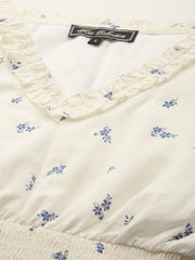 Women Floral Printed Smocked Puff Sleeves Cotton A-Line Dress