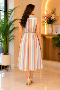 Thumbnail for Women's Pastel Multi-Stripe Sleeveless Shirt Dress with Waist Tie Belt