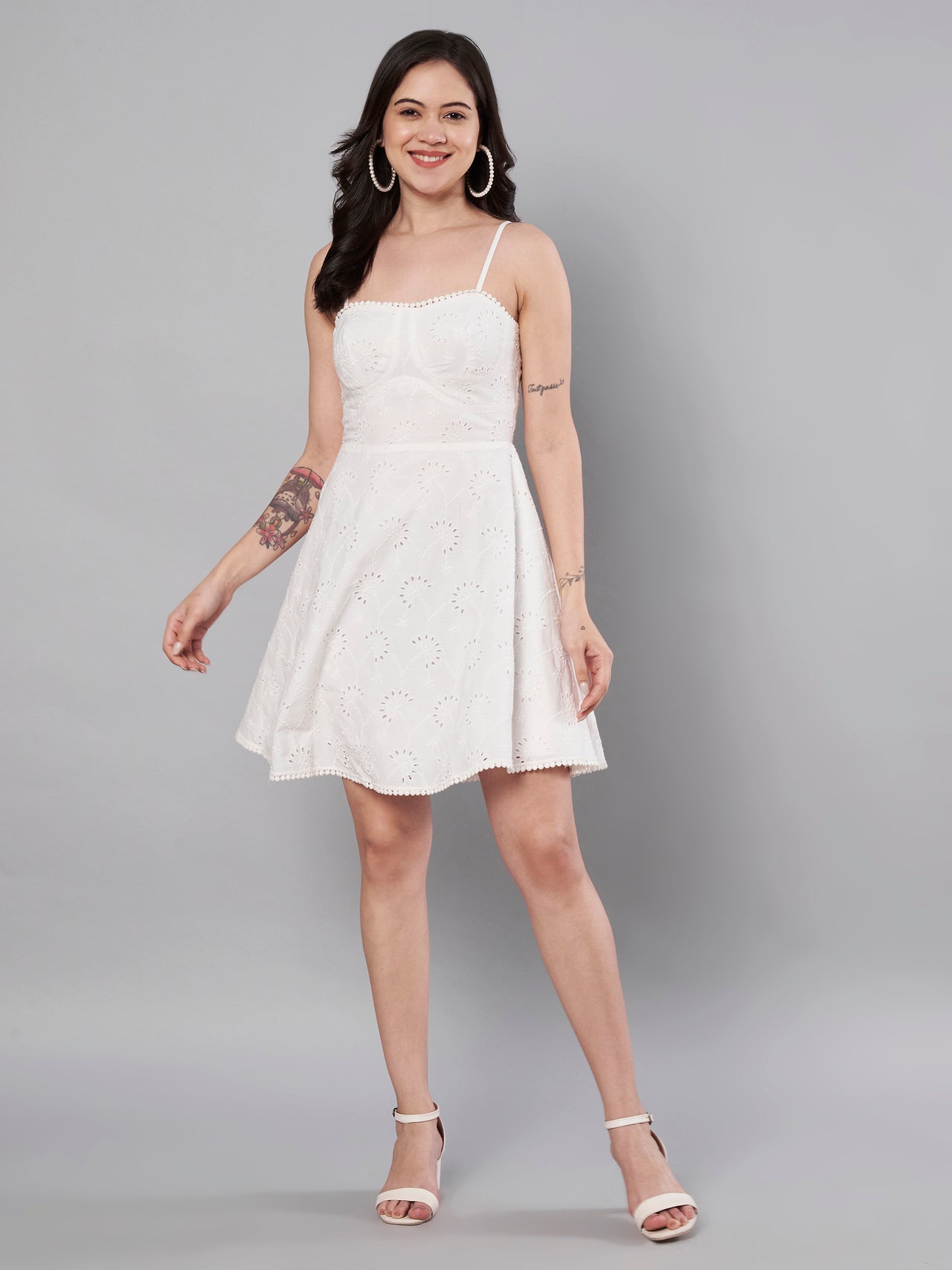 White color schiffli embroidery dress for women