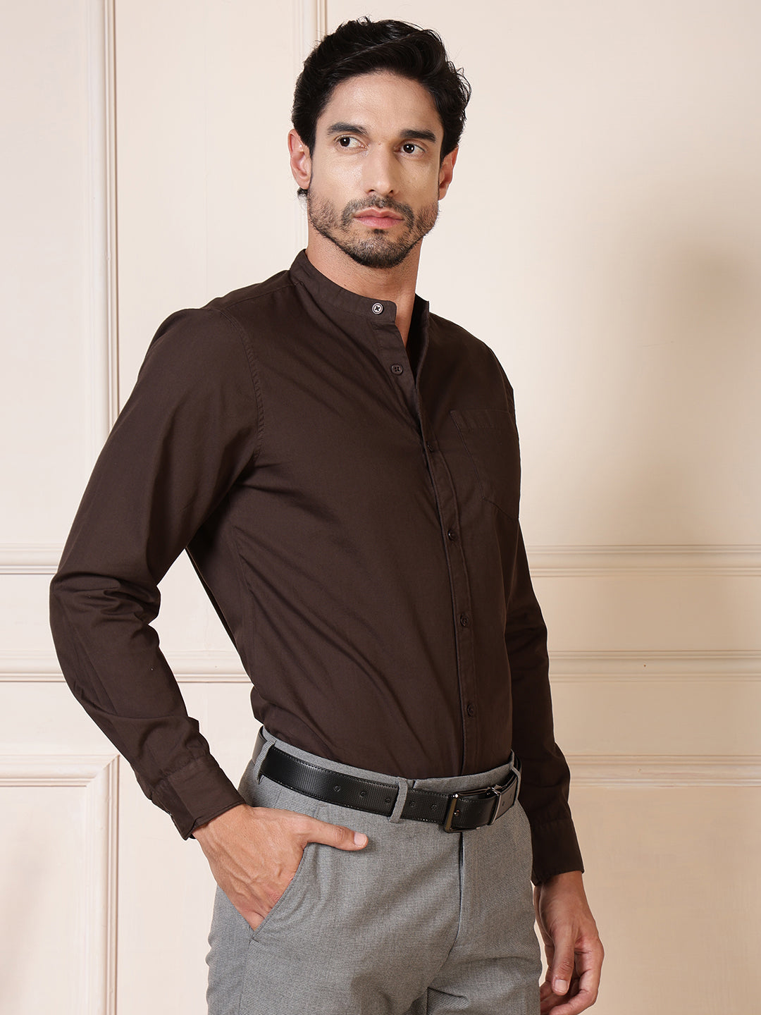 Men Brown Solid Cotton Casual Shirt Full Sleeve Regular Fit Everyday Wear