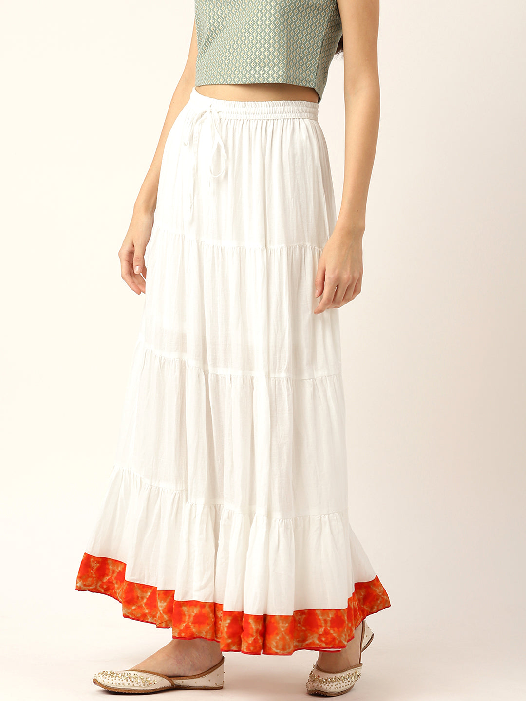 Women White Solid Tiered Cotton Maxi Skirt