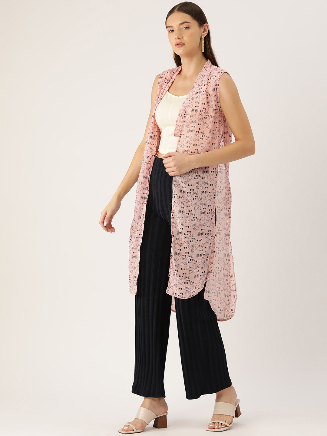 Women Pink & Black Printed Open Front Longline Shrug