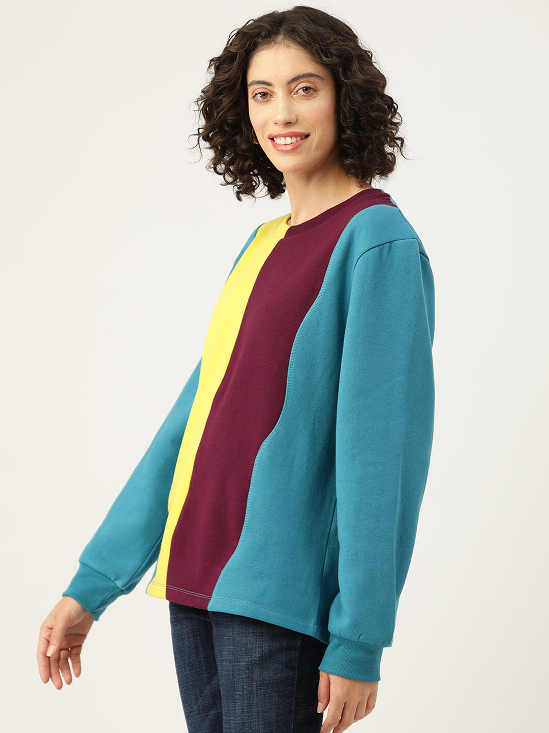 Blue Striped Colourblocked Longline Fleece Sweatshirt