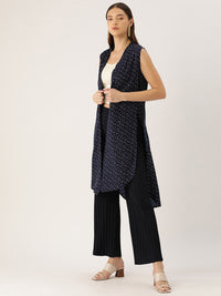 Thumbnail for Women Navy Blue & White Printed Open Front Longline Shrug