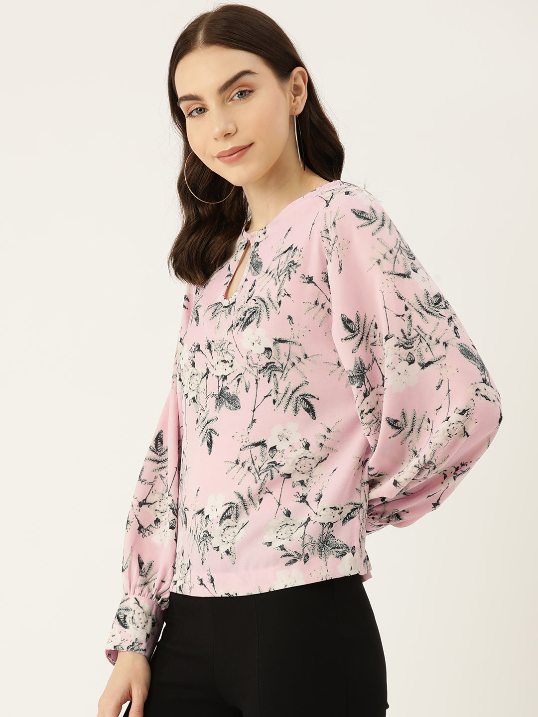 Floral Print Keyhole Neck Puff Sleeve Top